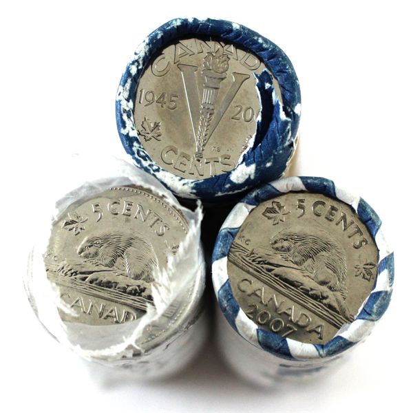 5-cent 2002, 2005 VE Day & 2007 Original Roll of 40pcs. 3 Rolls.