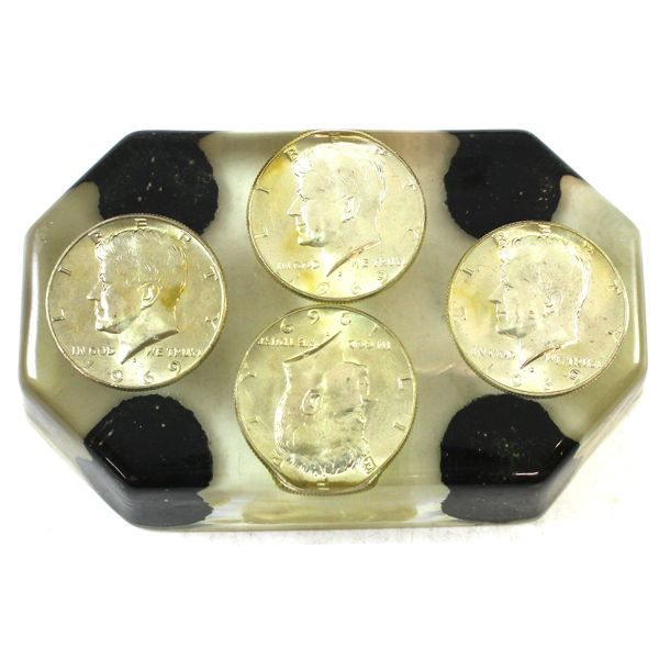 Poured Acrylic Paper Weight with 4x USA 1969-D Clad Silver Half Dollars