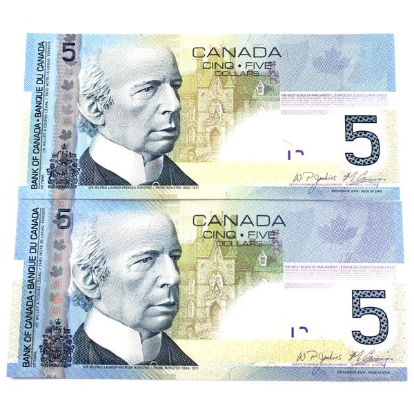 Pair of 2008 & 2010 $5 Notes with Matching 3 Digit RADARs APW0806080 & HPY0806080 UNC or Better. 2pc