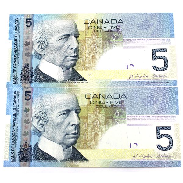 Pair of 2006 $5 Notes with Matching 4 Digit RADARs AOK0167610 & AOV0167610 UNC or Better. 2pcs