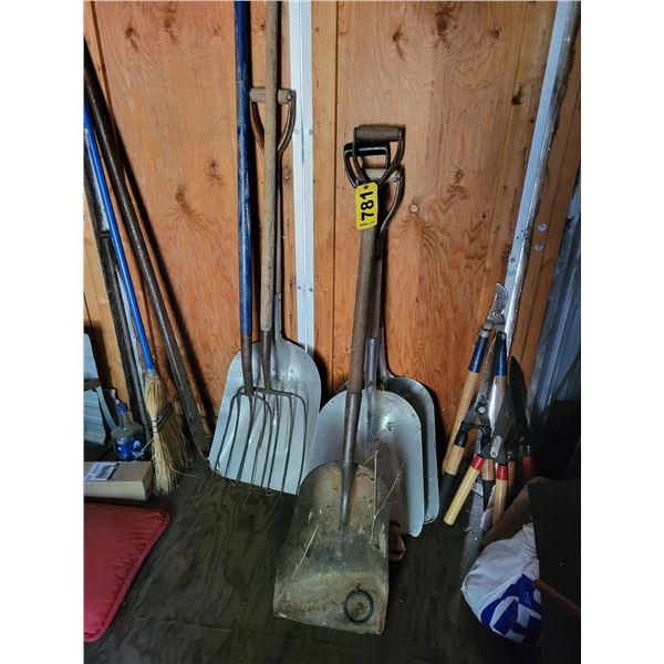 Shovels, forks, shears, trimmers, broom & bar
