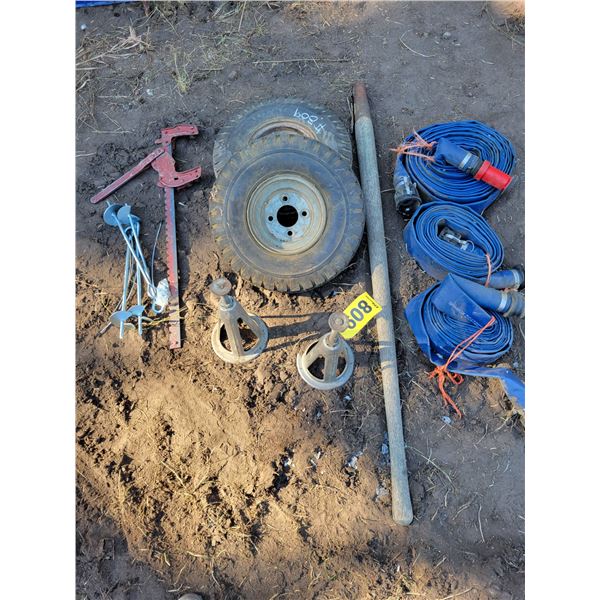 Wire stretcher, anchors, 3- Water hoses, 2- tires, old wood handle