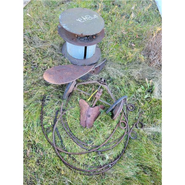 Steel reel, curved tines, old 2 wheel cart