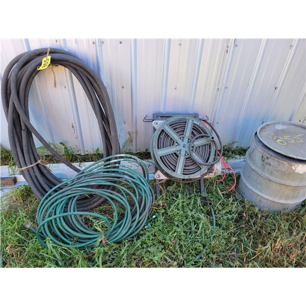Alum. Ladder, heavy rubber hose, hose reel, garden hose, barrel