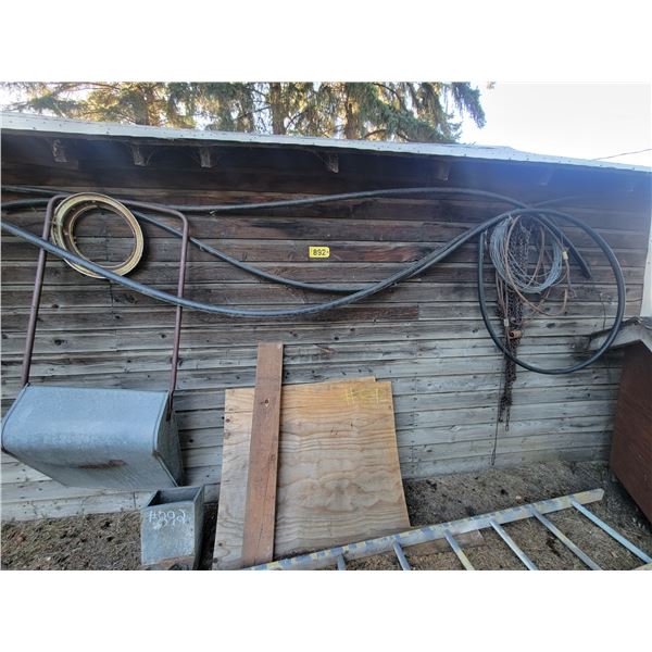 Misc. on side of garage, Feeder, snow scoop etc.