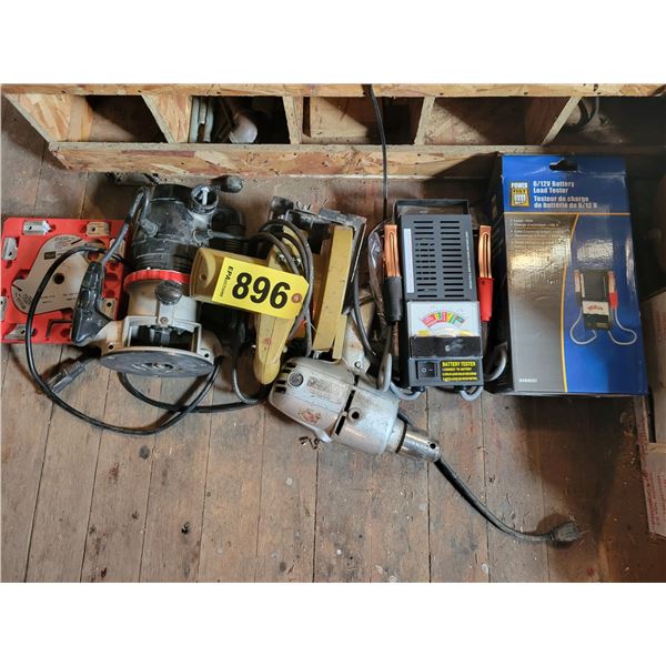 Router, drill sander, battery tester, blades (All working)