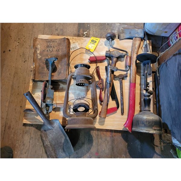 1- Lot of misc. Antique items & 1955-56 auto manual, draw knife etc.