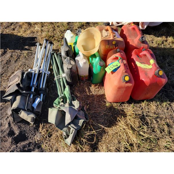 4- Jerry cans, oils, 2- chairs