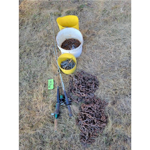 4- Fishing rods, chain, pins, screws, fence nails