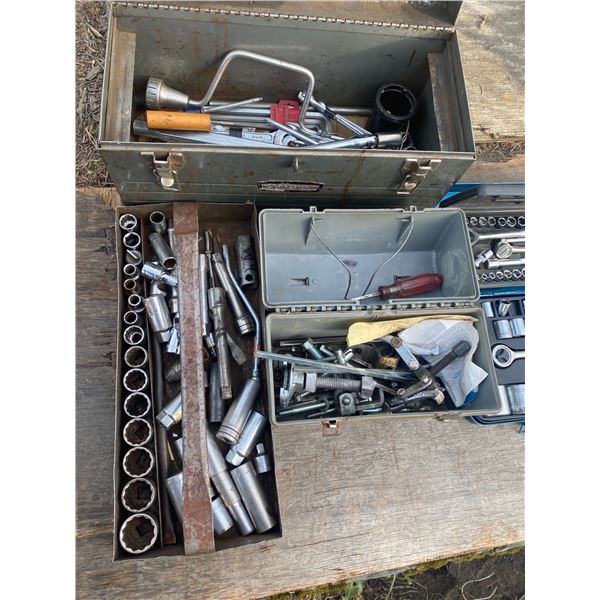 Qty of sockets, tools, tool boxes, comb. Wrenches, pail of tools