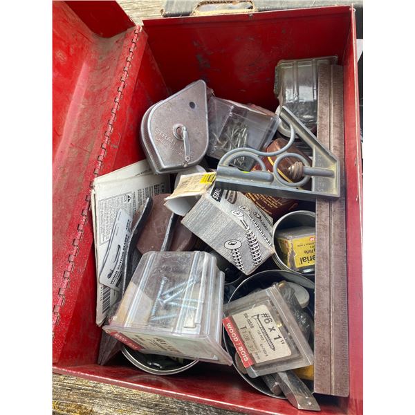 Red tool box c/w misc. mud flaps, gauges, box of misc. tools