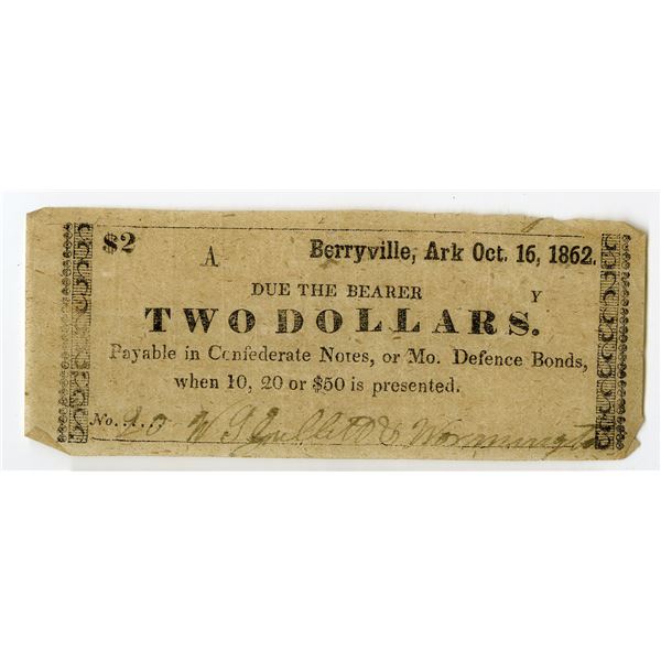 Berryville, Arkansas. 1862 $2 Obsolete Scrip Note.