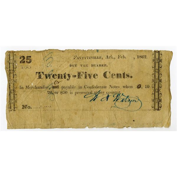 Fayetteville, Washington County, Arkansas. W.A. Watson, 1862, 25 Cents, Obsolete Scrip Note