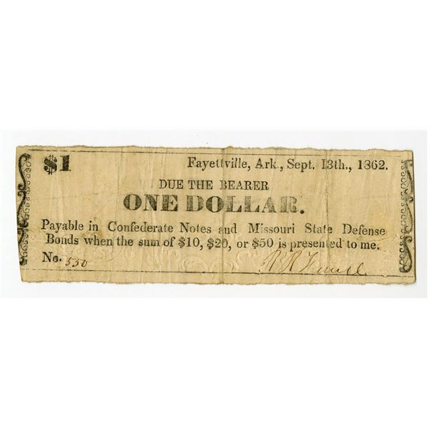 Fayetteville, Washington County, Arkansas. R.R. Newel, 1862, $1, Obsolete Scrip Note