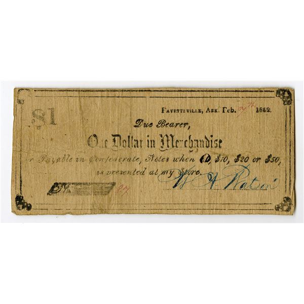 Fayetteville, Washington County, Arkansas. W.A. Watson, 1862, $1, Obsolete Scrip Note