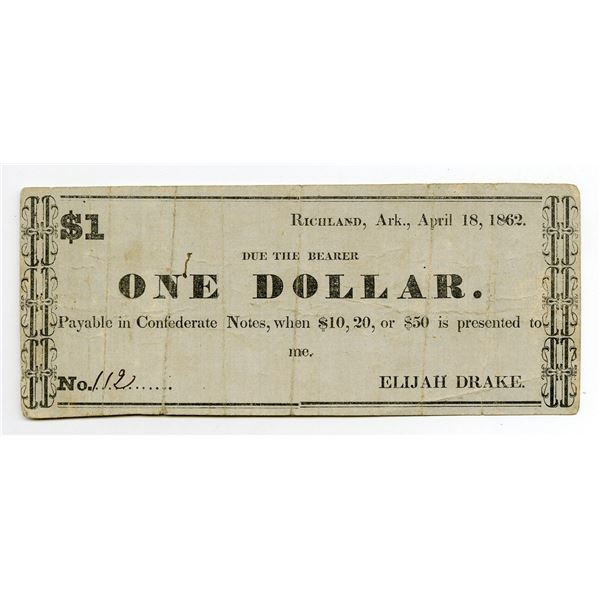 Richland, Madison County, Arkansas. Elijah Drake, 1862, $1, Obsolete Scrip Note