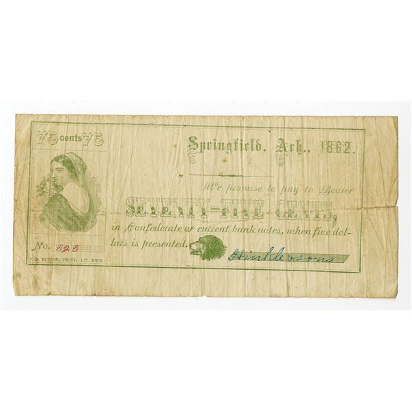 Springfield, Arkansas. Hinkle & Sons, 1862, 75 Cents, Obsolete Scrip Note