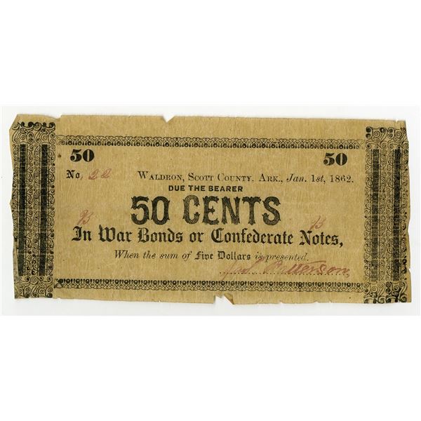 Waldron, Arkansas. James Patterson, 1862, 50 Cents, Obsolete Scrip Note