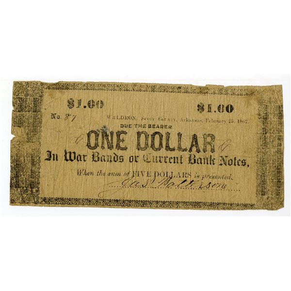 Waldron, Arkansas. James Patterson, 1862, $1, Obsolete Scrip Note