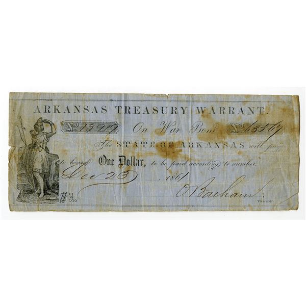 Arkansas Treasury Warrant, On War Bond, 1861, $1, Obsolete Scrip Note