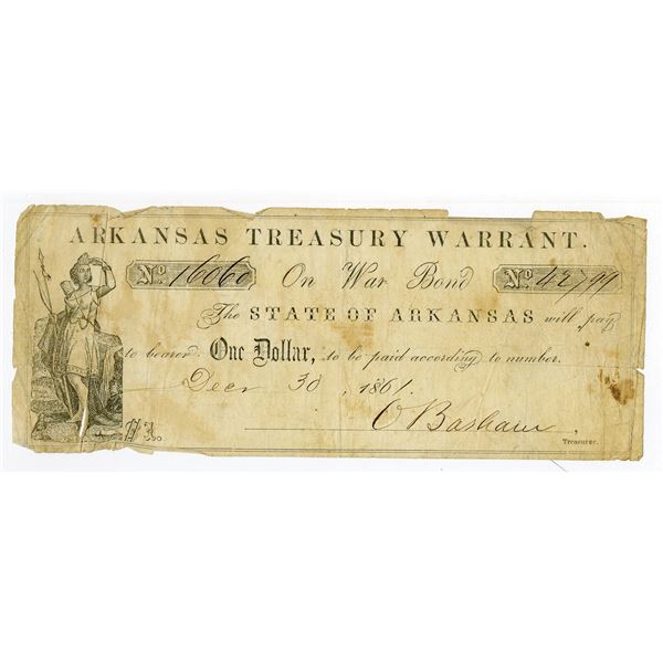 Arkansas Treasury Warrant, On War Bond, 1861, $1, Obsolete Scrip Note