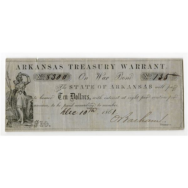 Arkansas Treasury Warrant, On War Bond, 1861, $10, Obsolete Scrip Note