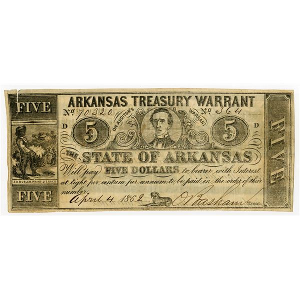 Arkansas Treasury Warrant, On Auditor's Warrant, 1862, $5, Obsolete Scrip Note