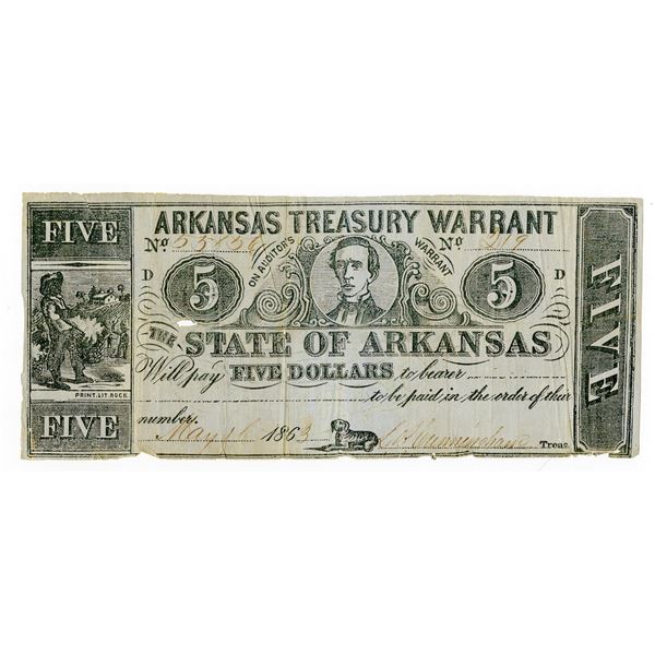 Arkansas Treasury Warrant, On Auditor's Warrant, 1863, $5, Obsolete Scrip Note