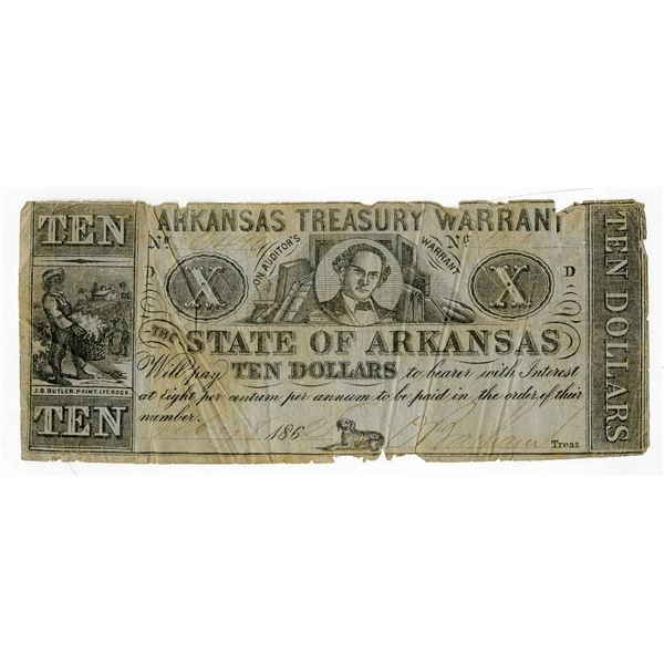 Arkansas Treasury Warrant, On Auditor's Warrant, 1862, $10, Obsolete Scrip Note