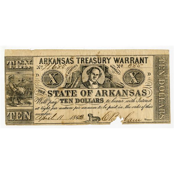 Arkansas Treasury Warrant, On Auditor's Warrant, 1862, $10, Obsolete Scrip Note