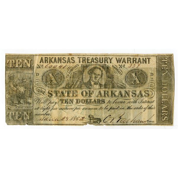 Arkansas Treasury Warrant, On Auditor's Warrant, 1862, $10, Obsolete Scrip Note