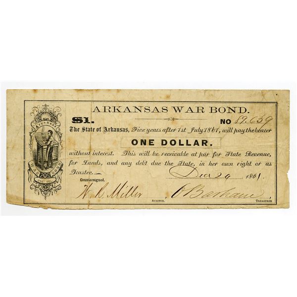 Arkansas War Bond, 1861, $1, Obsolete Scrip Note