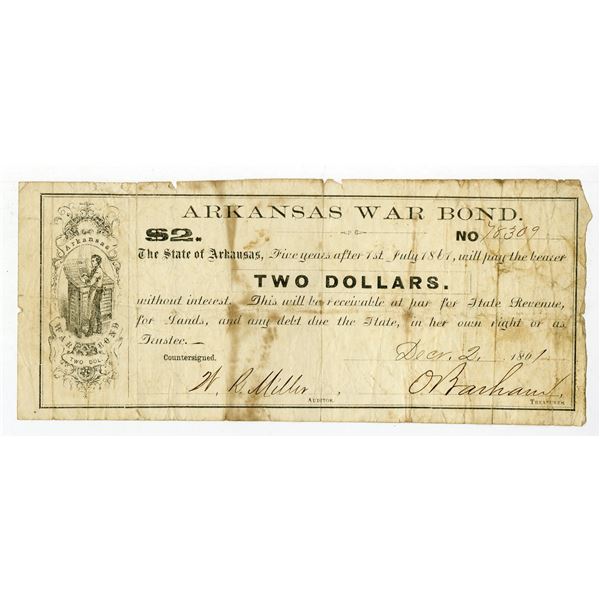 Arkansas War Bond, 1861, $2, Obsolete Scrip Note