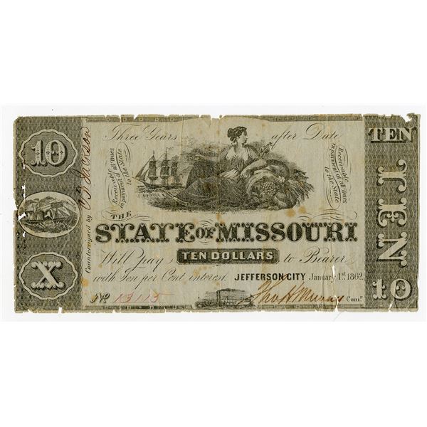 Jefferson City, State of Missouri, 1862, $10, Obsolete Scrip Note