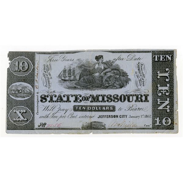 Jefferson City, State of Missouri, 1862, $10, Obsolete Scrip Note
