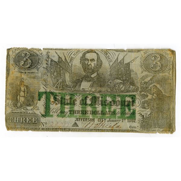 Jefferson City, State of Missouri, 1862, $3, Obsolete Scrip Note