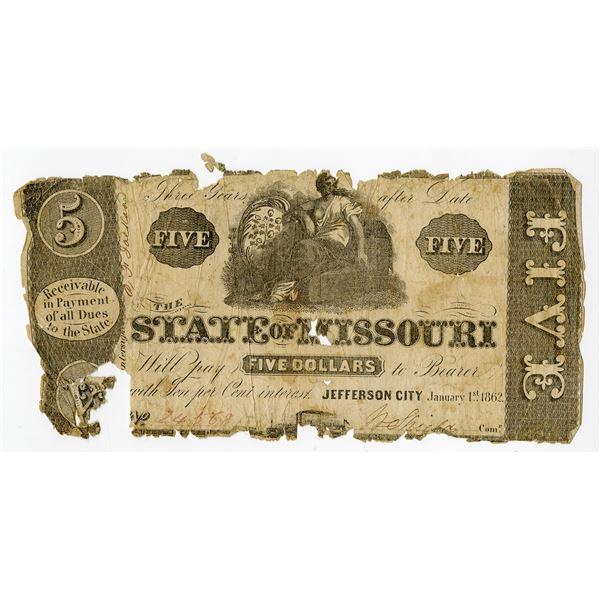 Jefferson City, State of Missouri, 1862, $5, Obsolete Scrip Note