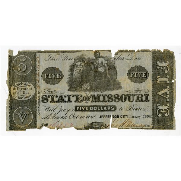 Jefferson City, State of Missouri, 1862, $5, Obsolete Scrip Note