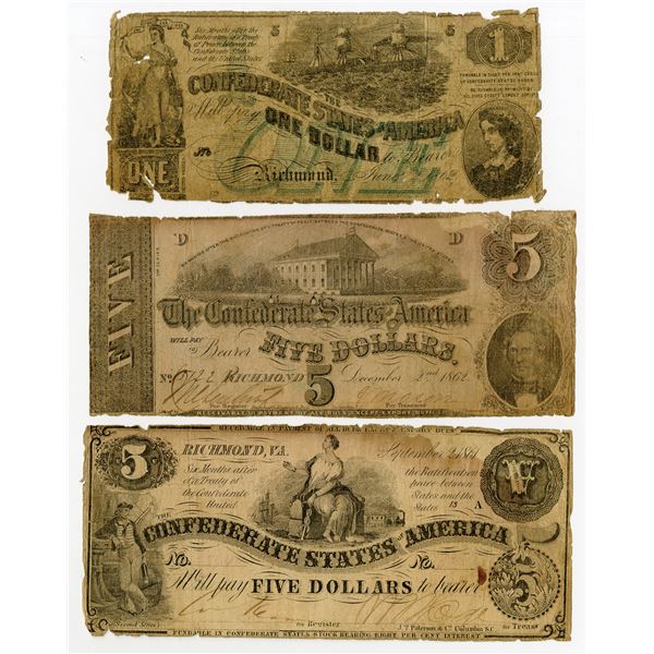 Confederate States of America, 1861 and 1862 Banknote Trio.