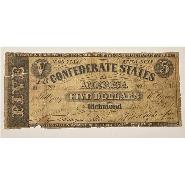 Confederate States of America, 1861, $5, T12, Serial Letter "H" Note