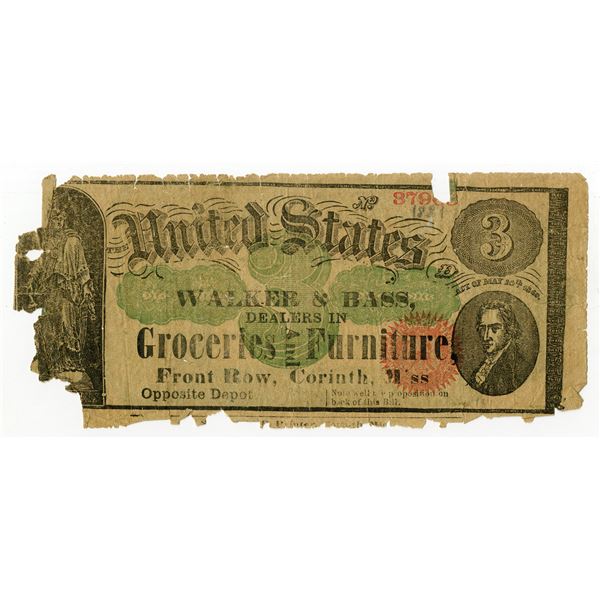 Corinth, Mississippi. Walker & Bass, Dealers in Groceries and Furniture, 1869, $3, Obsolete Advertis