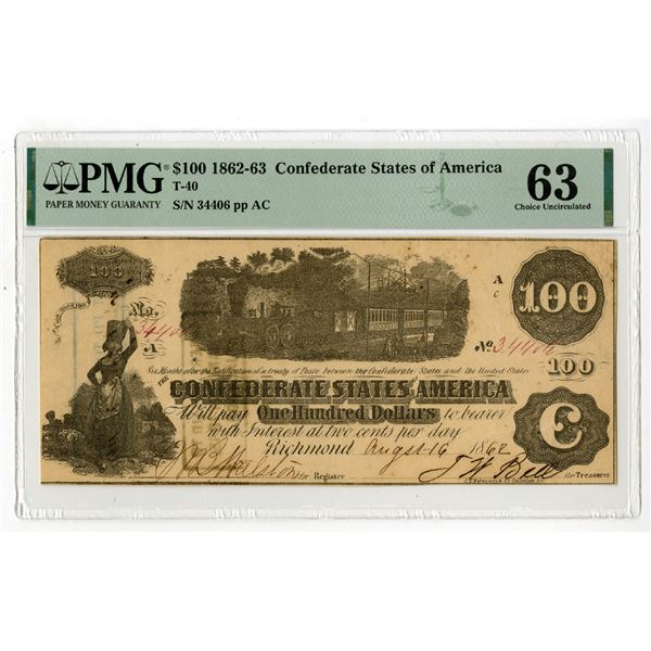 C.S.A., 1862, $100, T-40, Issued Banknote