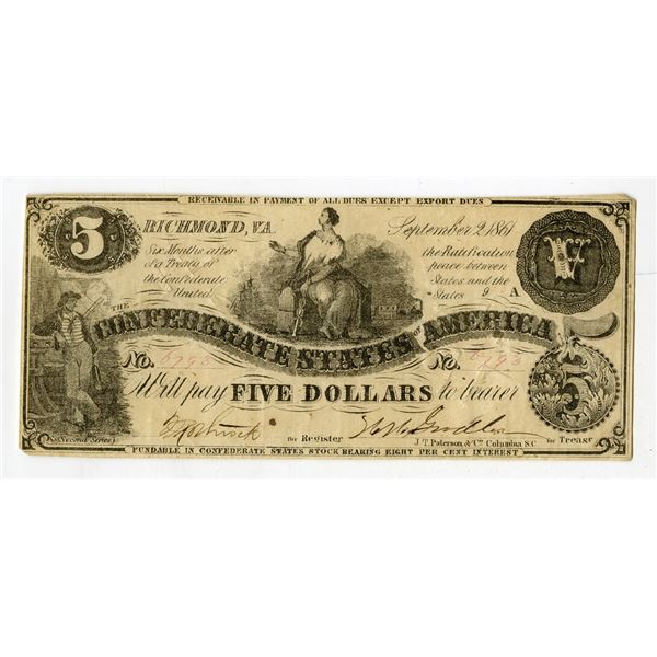 C.S.A., 1861, $5, Issued Banknote