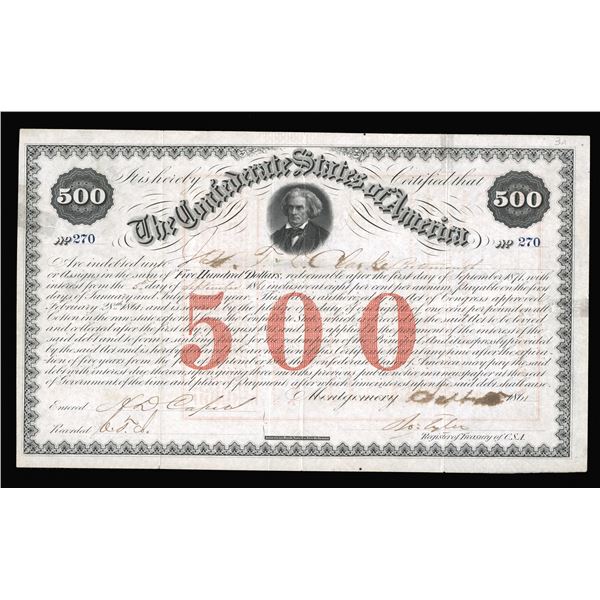 C.S.A. Act of February 28th, 1861 $500 (T9-B15, Cr.3A) S/N 270