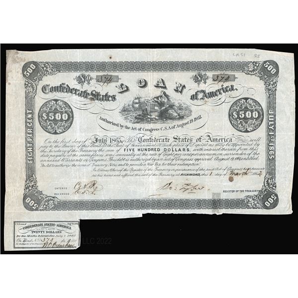 C.S.A. Act of August 19th, 1861 $500 (T28-B37, Cr.51) S/N 374