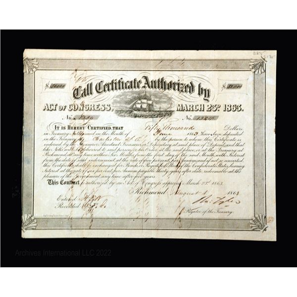 C.S.A. Act of March 23rd, 1863 $50,000 (T147-B275, Cr.135) S/N 1354