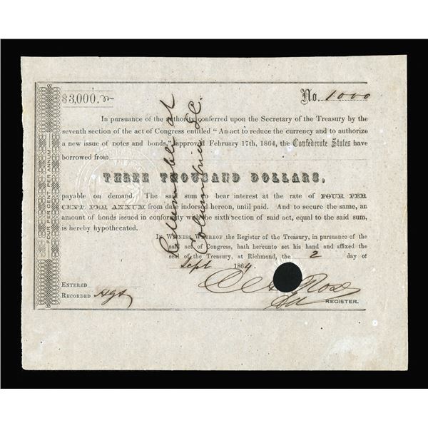 C.S.A., Act of February 17th, 1864, $3000 (T167, B?, Cr.162D) S/N 1000