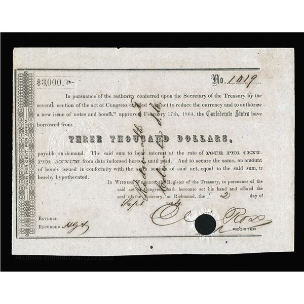 C.S.A., Act of February 17th, 1864, $3000 (T167, B?, Cr.162D) S/N 1019