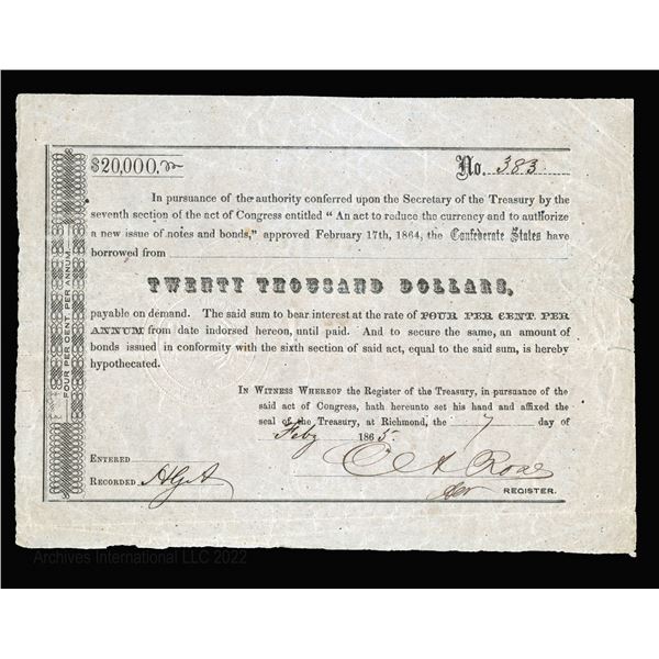 C.S.A. Act of February 17th, 1864 $20,000 (T170-B350a, Cr.162G) S/N 383 Remainder