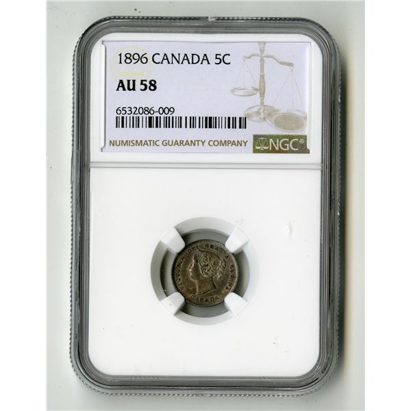 Canada: 1896. 5 Cents, 1896; KM-2, Royal Mint. NGC Graded AU 58.